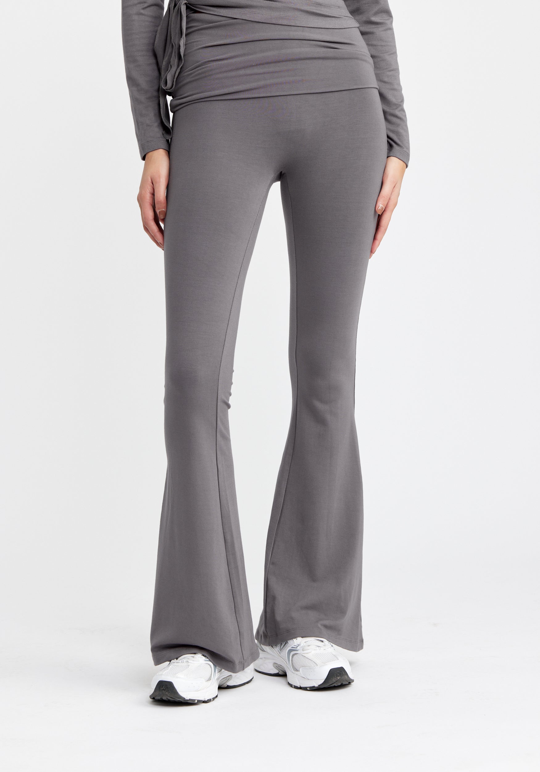 Folding Waistband Flare Pants Grayisch