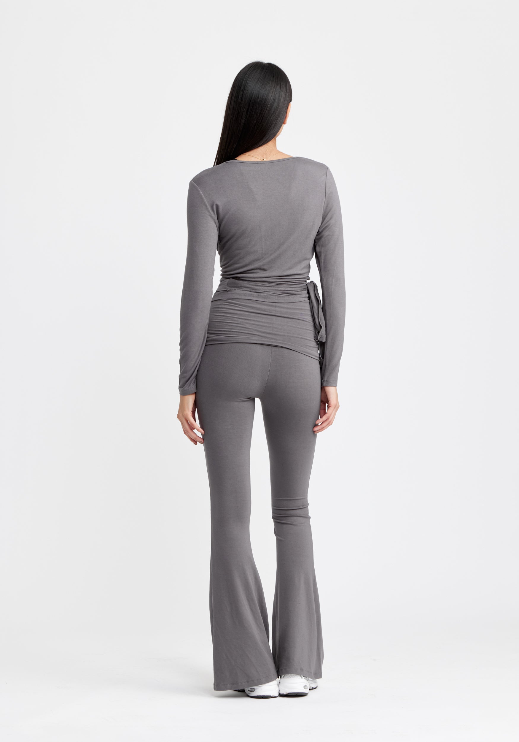 Folding Waistband Flare Pants Grayisch