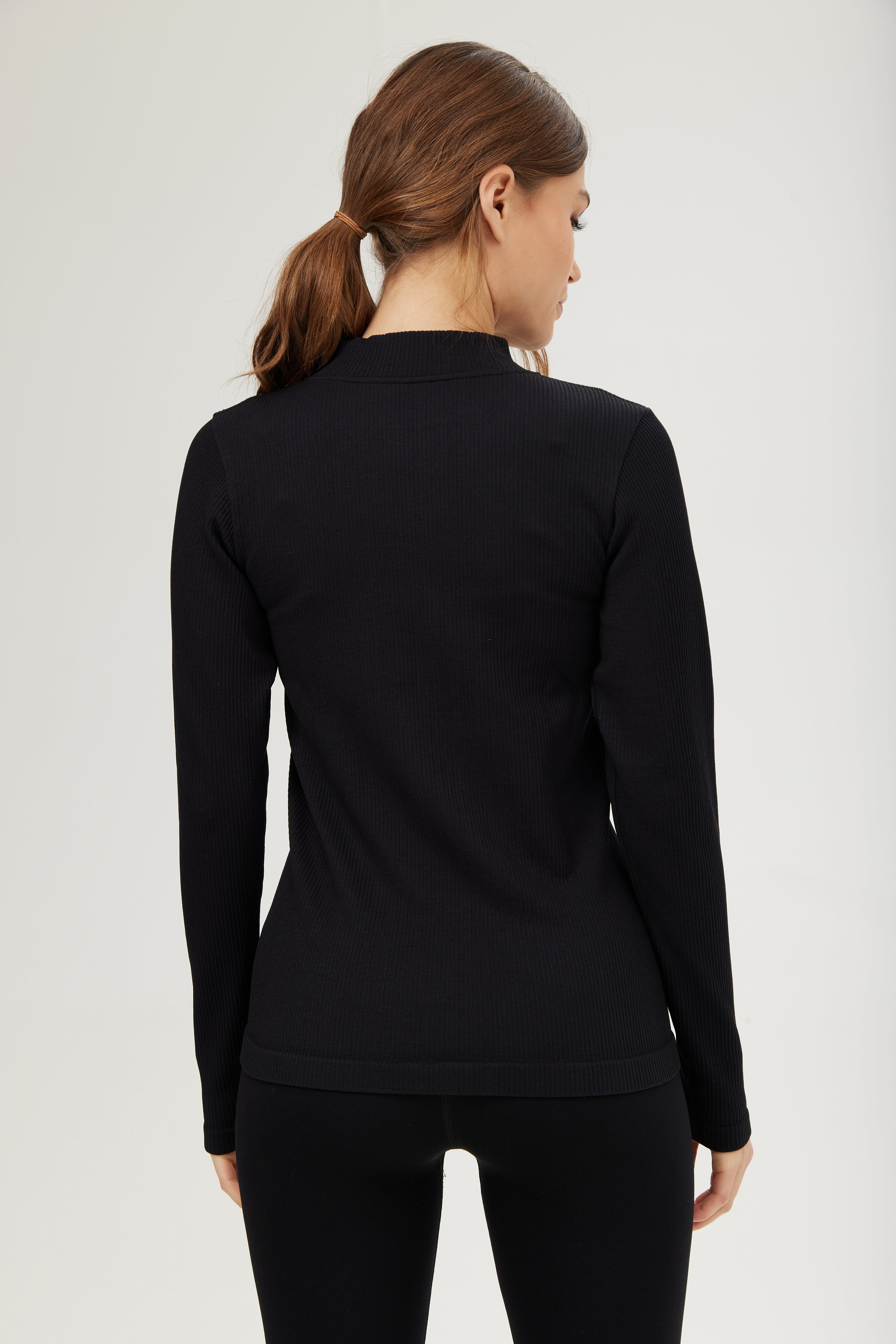 Ribbed Seamless Two Way Zipper Long Sleeve Black