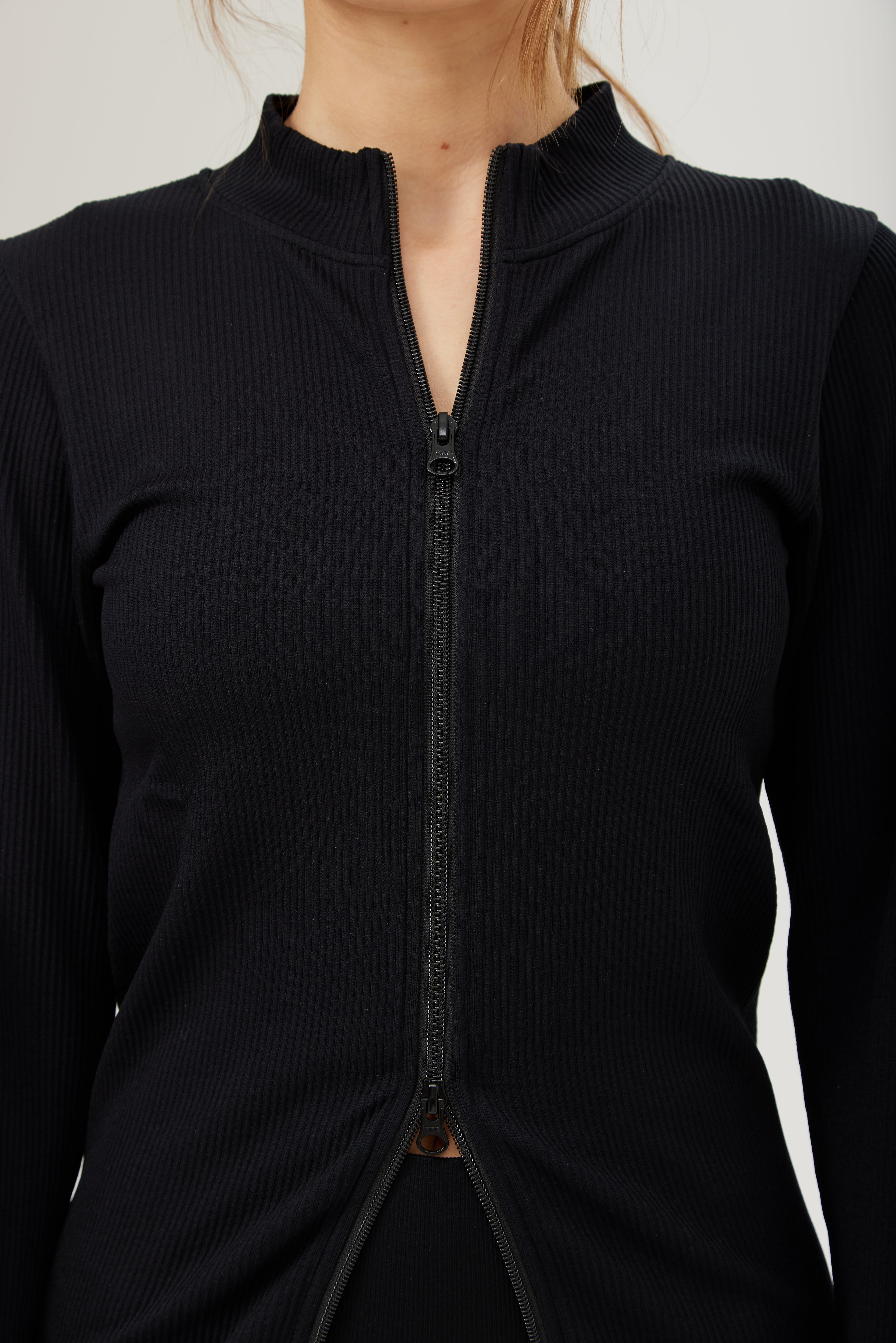 Ribbed Seamless Two Way Zipper Long Sleeve Black