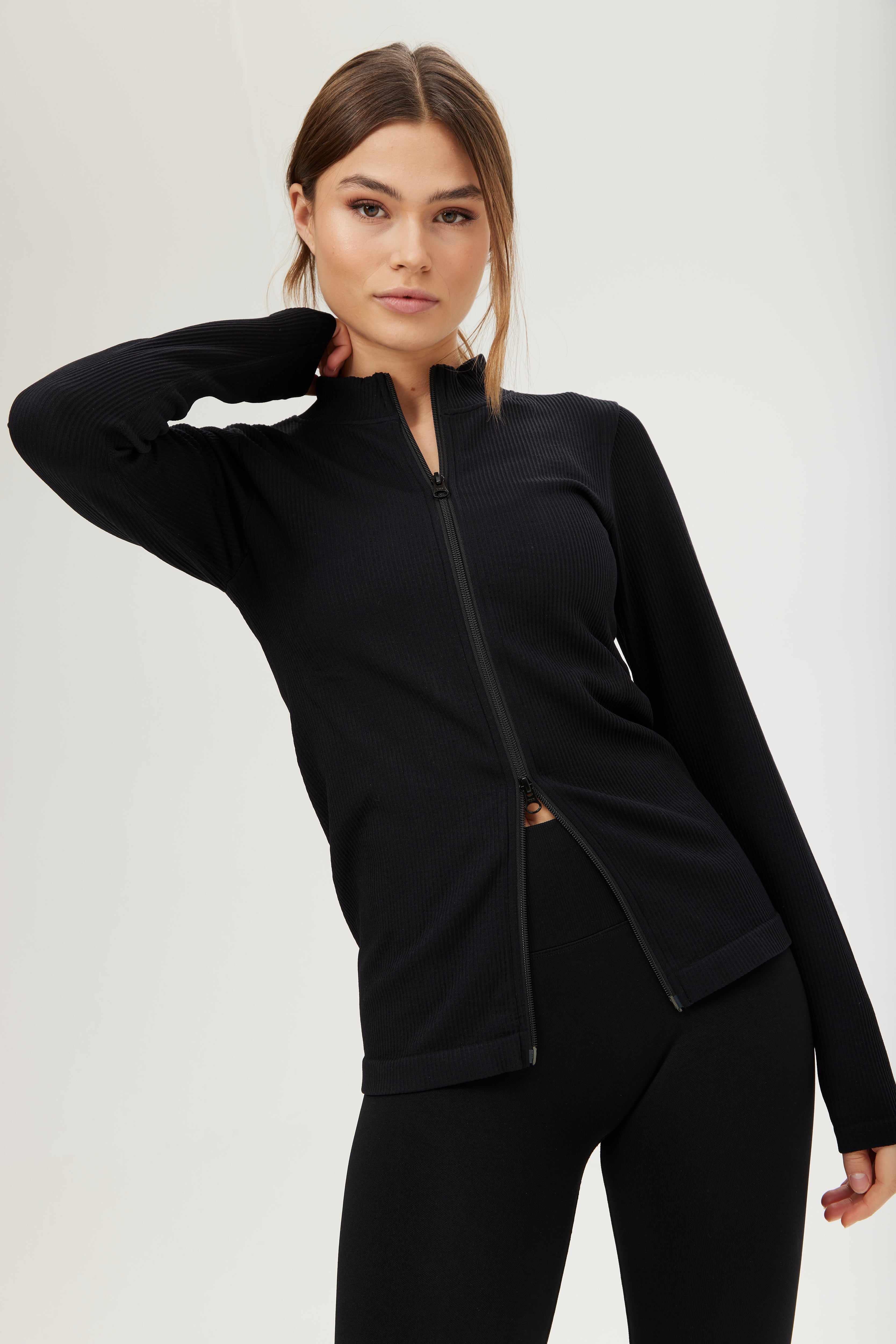 Ribbed Seamless Two Way Zipper Long Sleeve Black