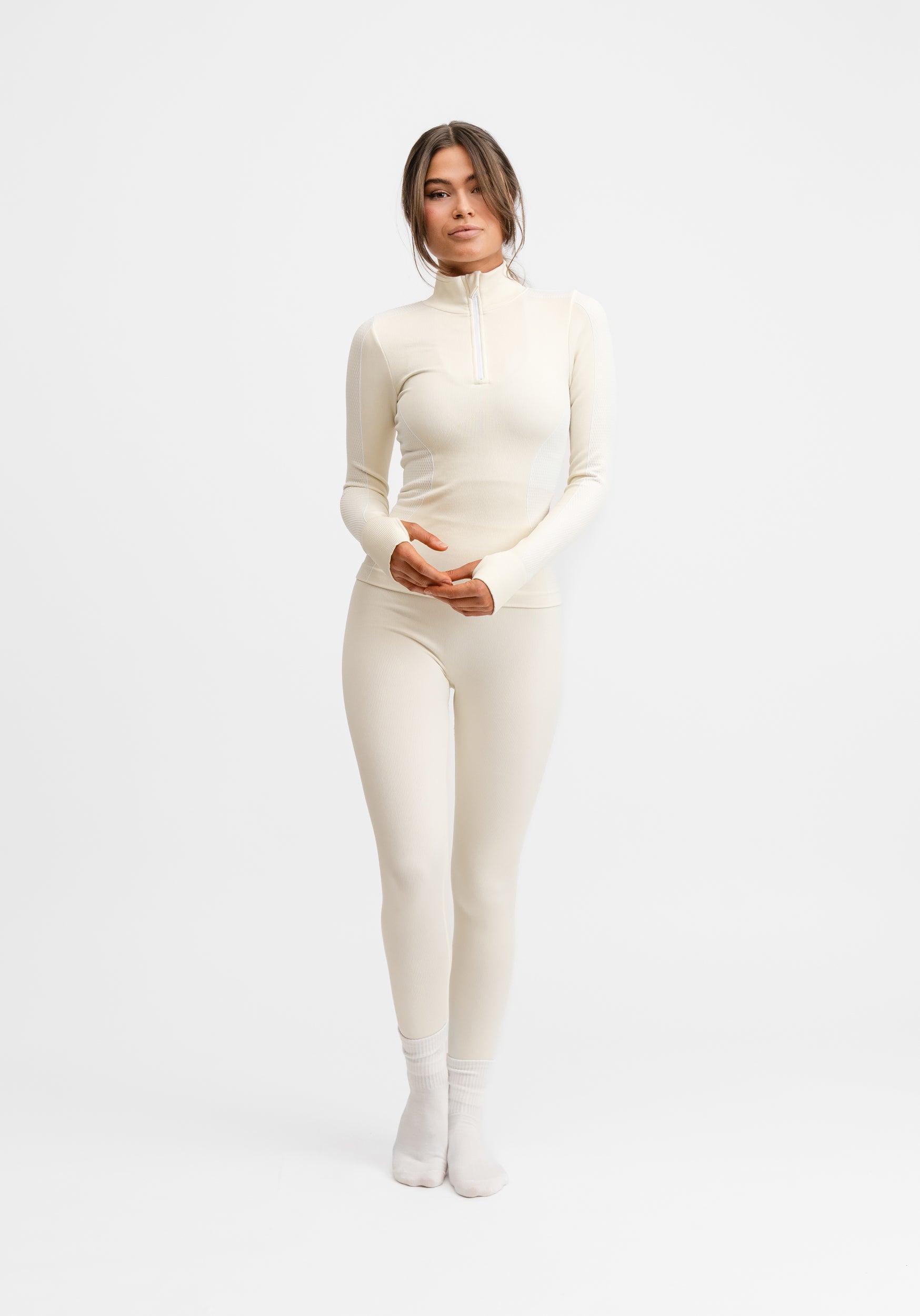 Seamless Half Zip Base Layer Top Cream White