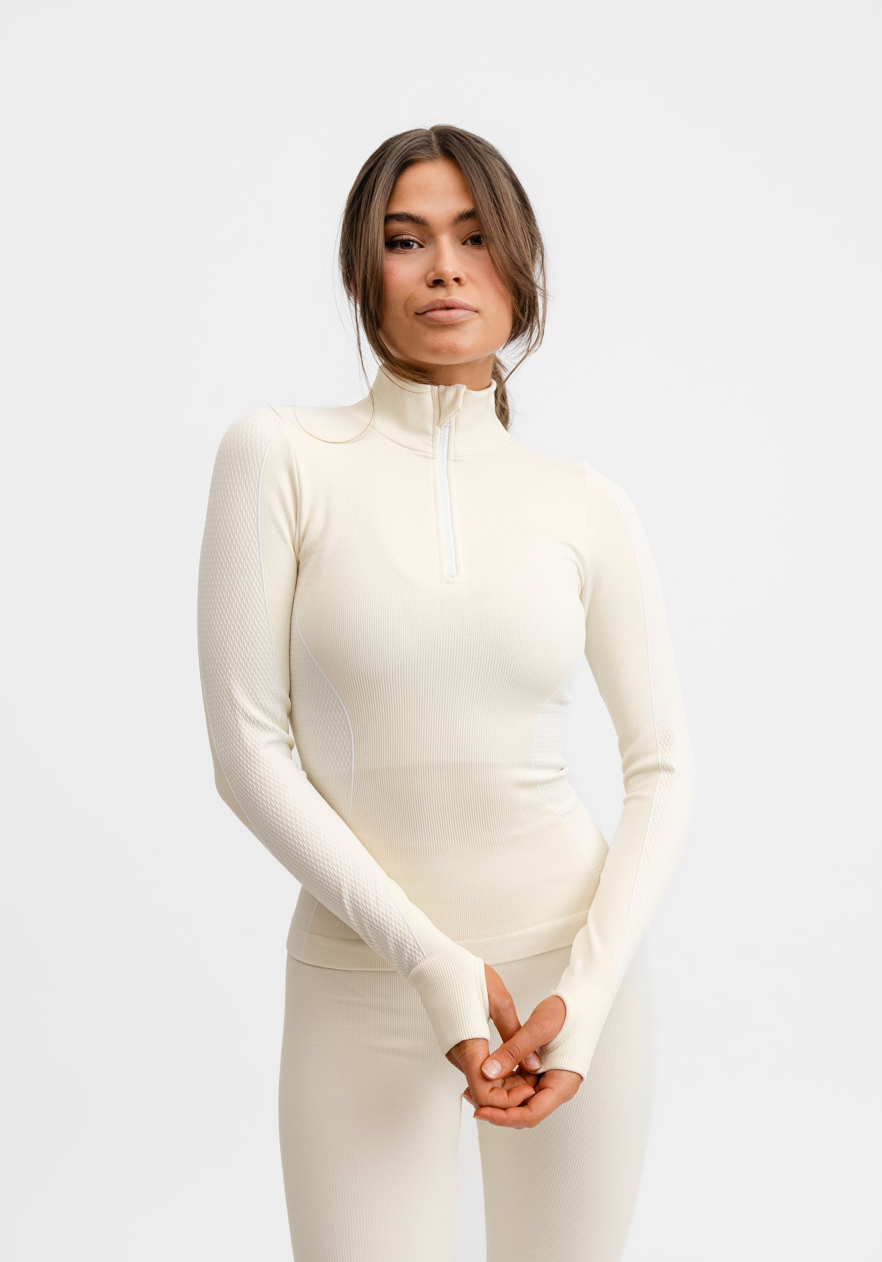 Seamless Half Zip Base Layer Top Cream White