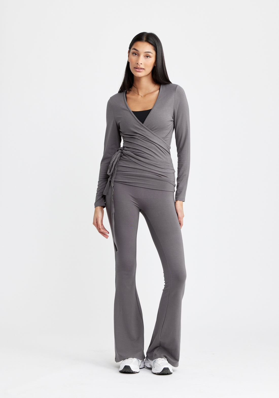 Folding Waistband Flare Pants Grayisch